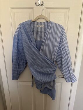 Zara Light Blue & White Striped Wrap Top